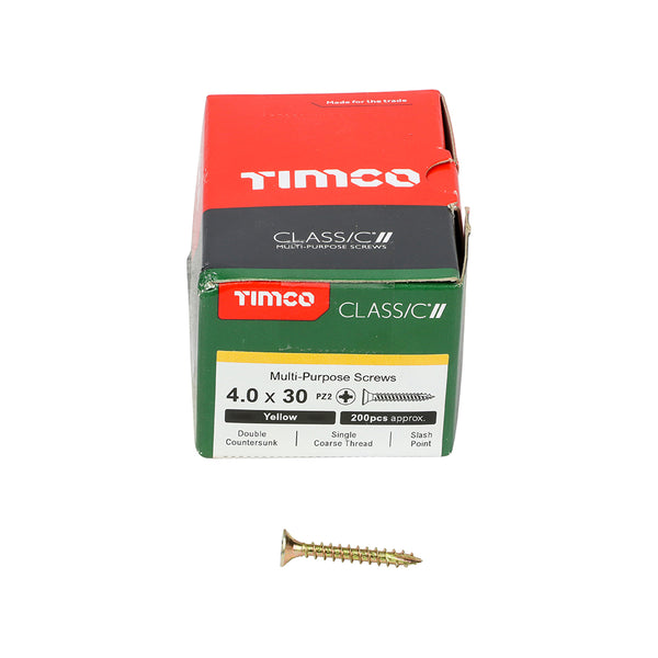 4.0 x 30mm TIMCO Classic Multi-Purpose Screws (Yellow Zinc) Countersunk - Box of 200 (Loose)