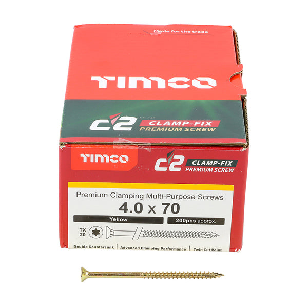 4.0 x 70mm TIMCO C2 Clamp-fix Multi-Purpose Screws (Yellow Zinc) Countersunk - Box of 200 (Loose)