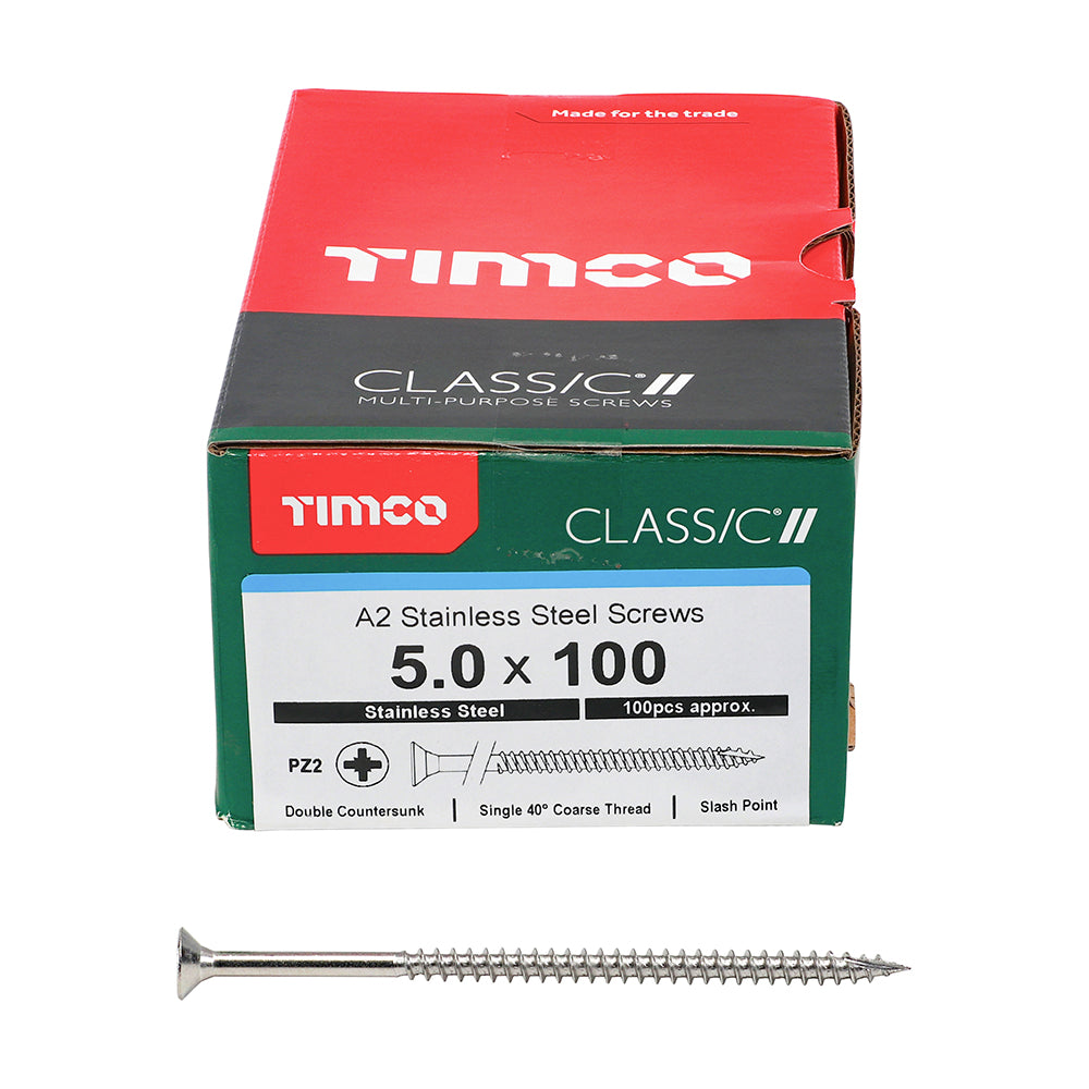 5.0 x 100mm TIMCO Classic Multi-Purpose Screws (A2 Stainless Steel) Countersunk - Box of 100 (Loose)