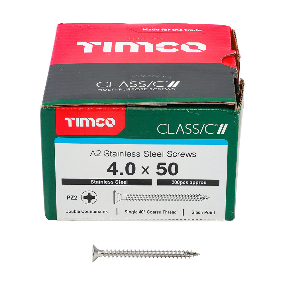 4.0 x 50mm TIMCO Classic Multi-Purpose Screws (A2 Stainless Steel) Countersunk - Box of 200 (Loose)